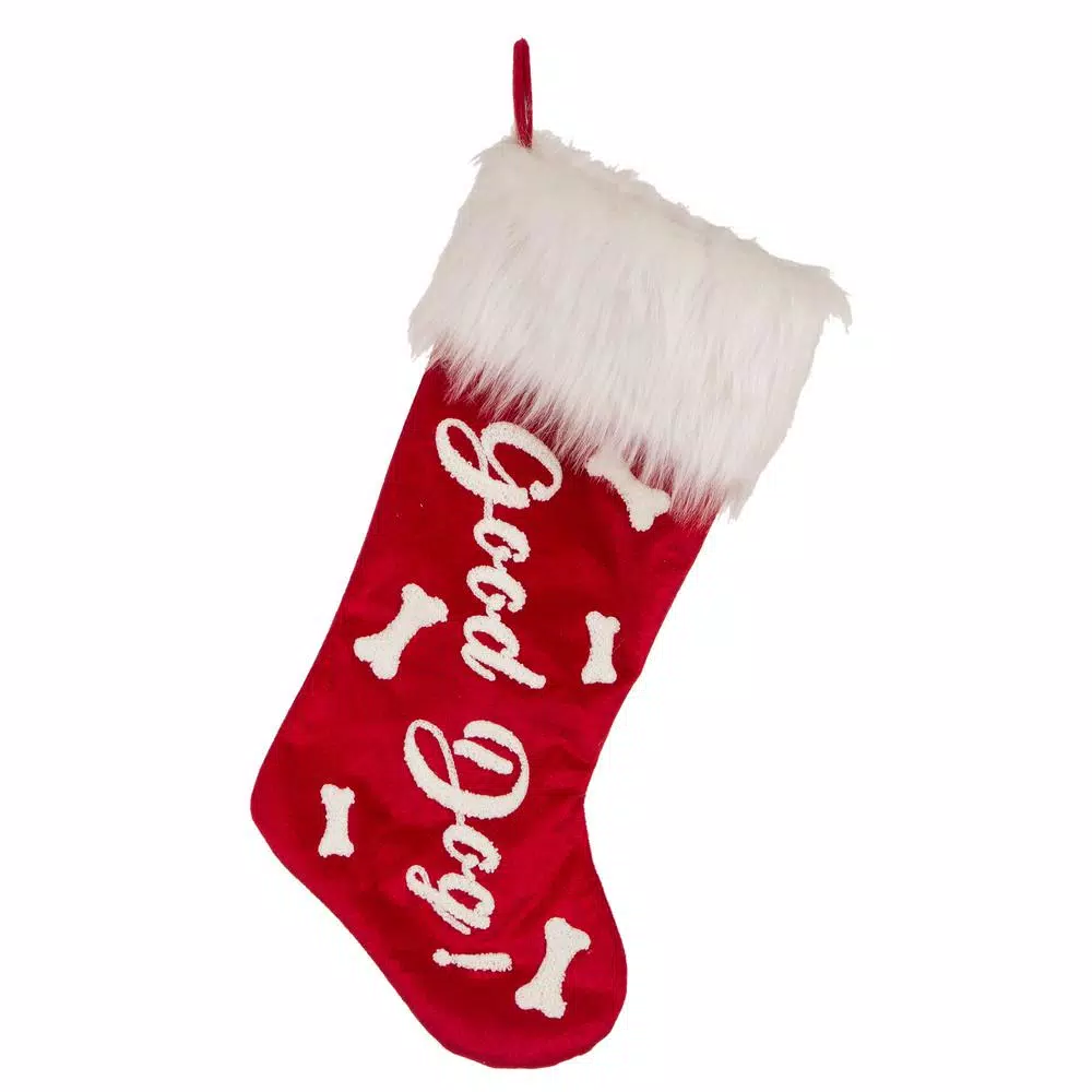 Glitzhome 22 In. L Velvet Christmas Stocking With Plush Cuff- Good Dog 1 Glitzhome 22 In. L Velvet Christmas Stocking With Plush Cuff- Good Dog