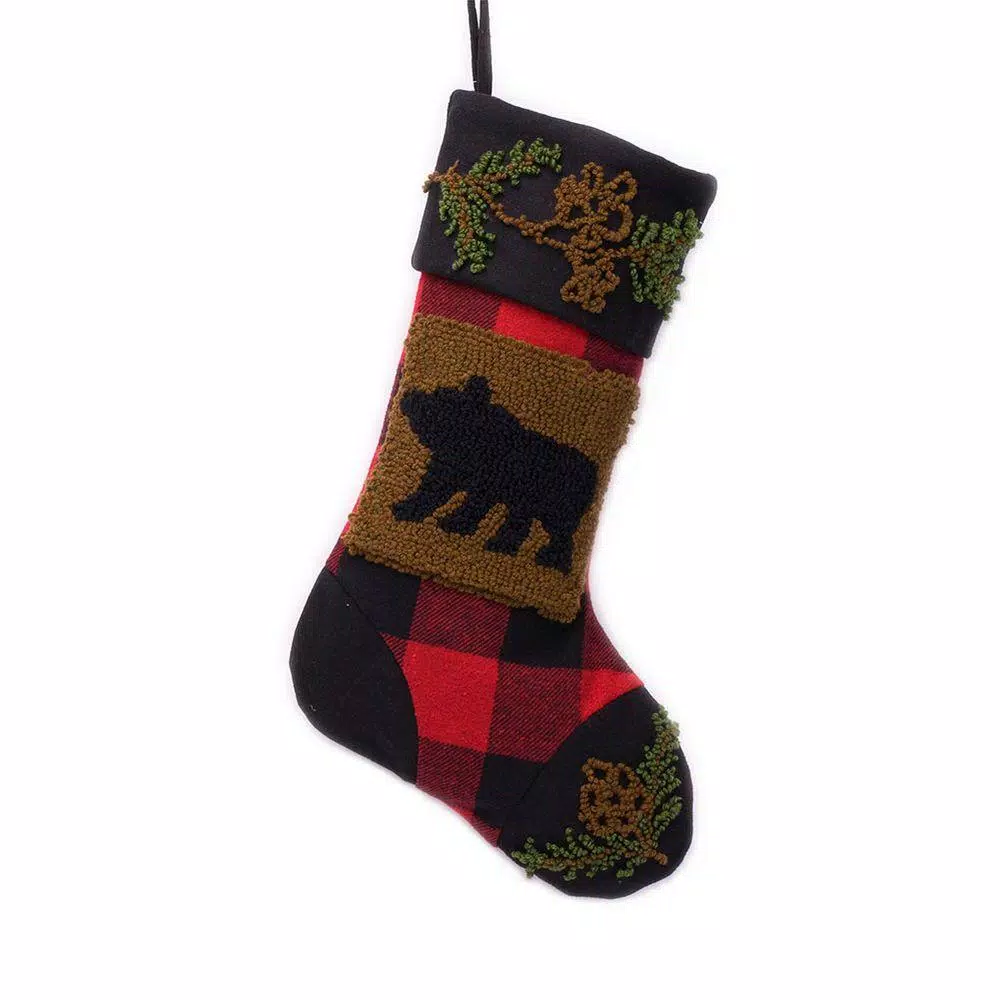 Glitzhome 19 In. Polyester/Acrylic Plaid Christmas Stocking With Rug Hooked Bear 1 Glitzhome 19 In. Polyester/Acrylic Plaid Christmas Stocking With Rug Hooked Bear