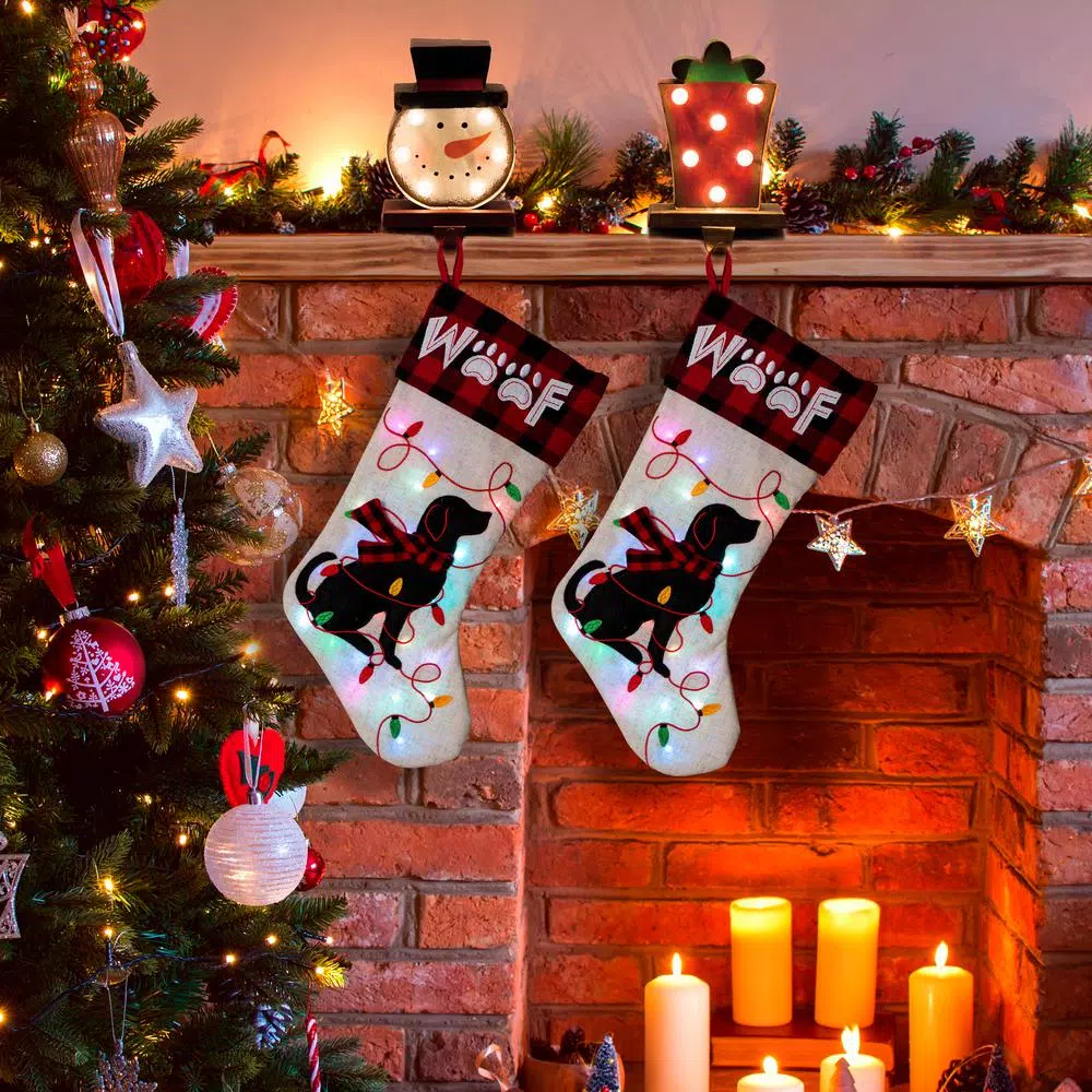 Glitzhome 21 In. Polyester LED Embroidered Linen Christmas Dog Stocking (2-Pack) 8 Glitzhome 21 In. Polyester LED Embroidered Linen Christmas Dog Stocking (2-Pack) - Image 8