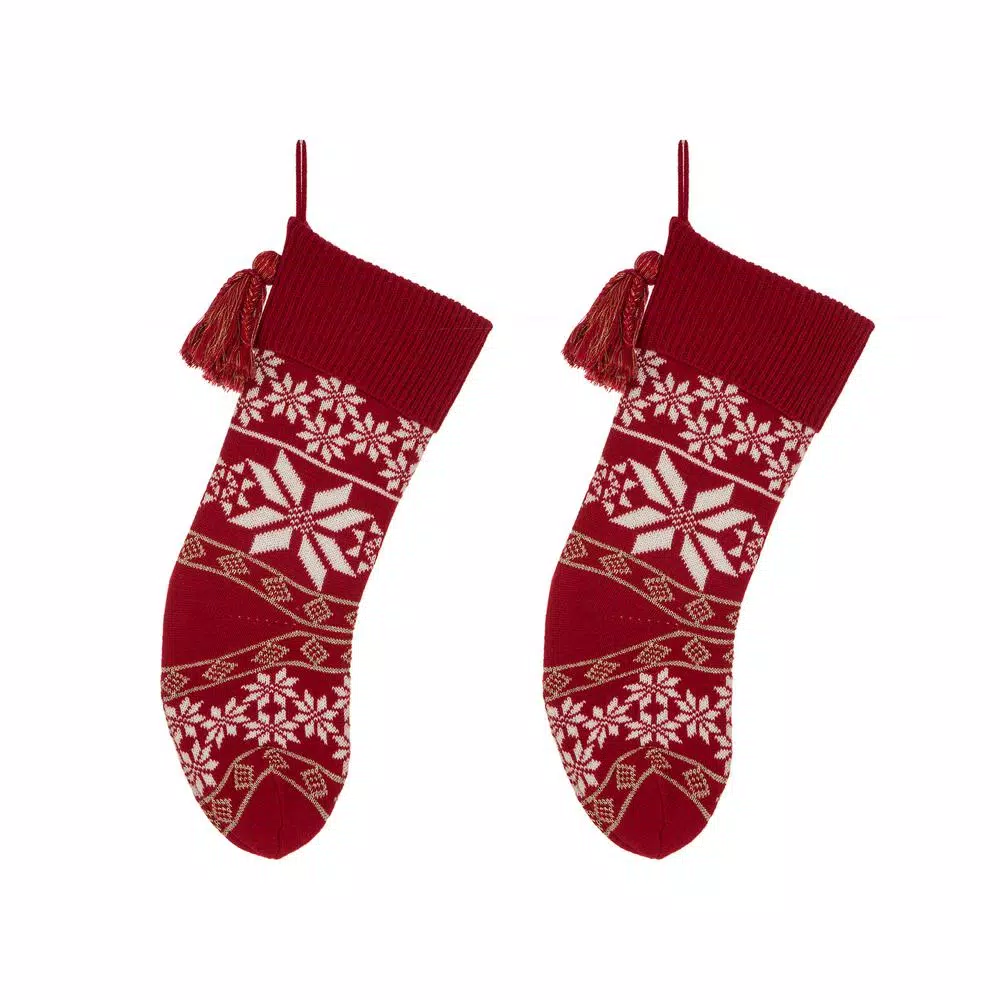 Glitzhome 24 In. Knitted Acrylic Christmas Decoration Snowflake Stocking (2-Pack) 1 Glitzhome 24 In. Knitted Acrylic Christmas Decoration Snowflake Stocking (2-Pack)