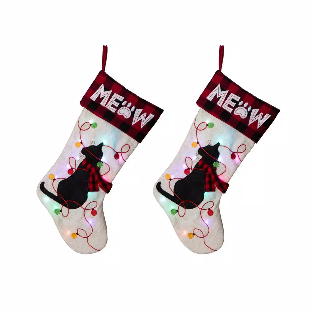 Glitzhome 21 In. Polyester LED Embroidered Linen Cat Christmas Stocking (2-Pack) 1 Glitzhome 21 In. Polyester LED Embroidered Linen Cat Christmas Stocking (2-Pack)