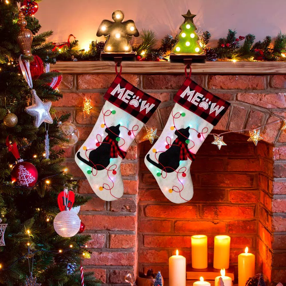 Glitzhome 21 In. Polyester LED Embroidered Linen Cat Christmas Stocking (2-Pack) 8 Glitzhome 21 In. Polyester LED Embroidered Linen Cat Christmas Stocking (2-Pack) - Image 8