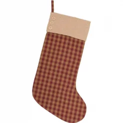VHC Brands 20 In. Cotton/Jute Burgundy Check Red Primitive Christmas Decor Button Stocking