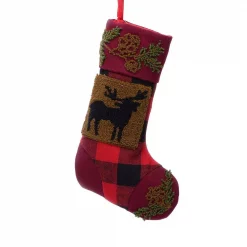 Glitzhome 19 In. Polyester/Acrylic Plaid Christmas Stocking With Rug Hooked Reindeer