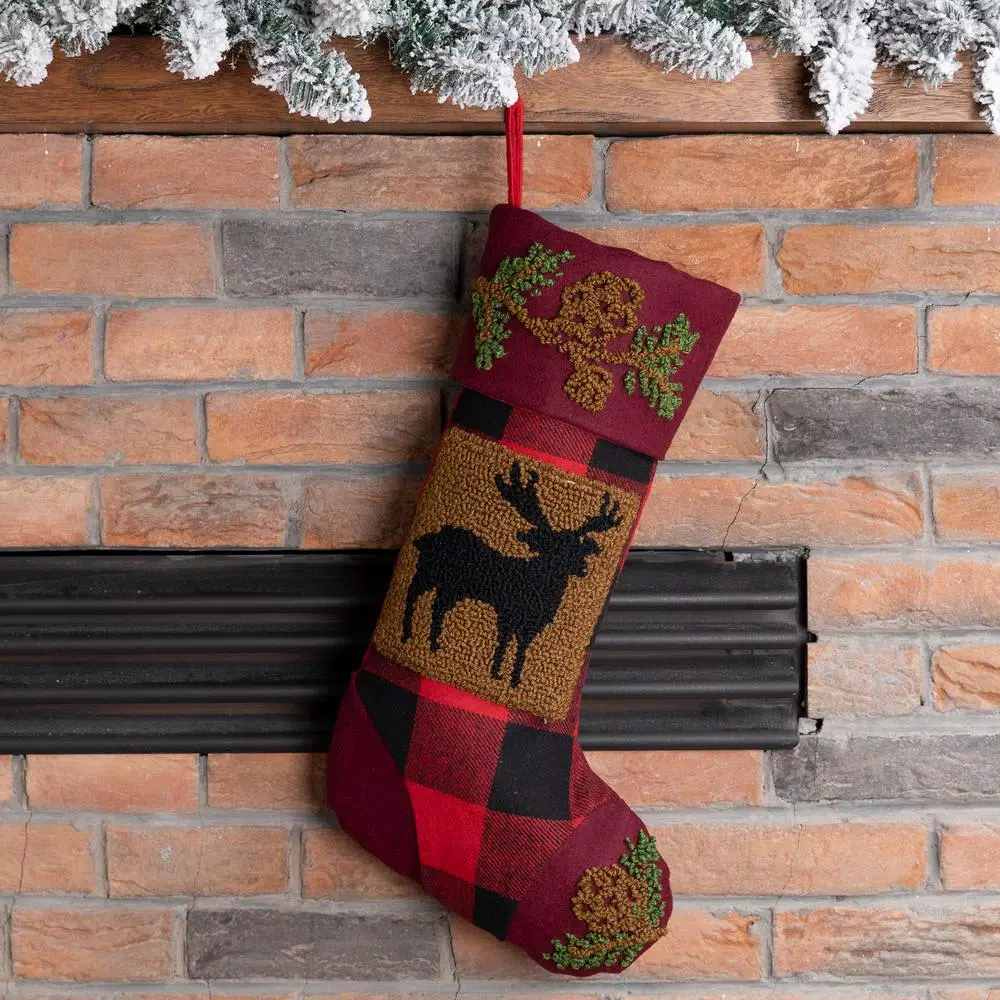 Glitzhome 19 In. Polyester/Acrylic Plaid Christmas Stocking With Rug Hooked Reindeer 3 Glitzhome 19 In. Polyester/Acrylic Plaid Christmas Stocking With Rug Hooked Reindeer - Image 3