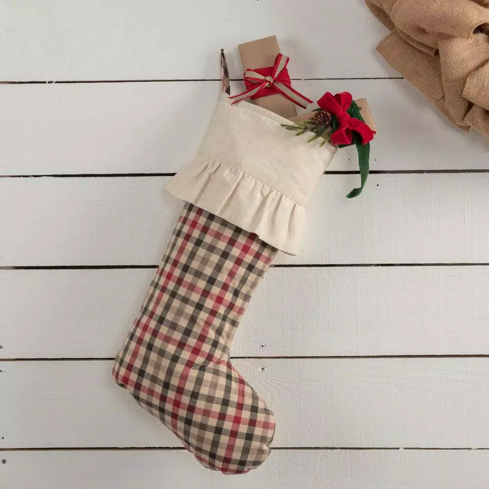 VHC Brands 20 In. Hollis Ivory White Farmhouse Christmas Decor Plaid Stocking 3 VHC Brands 20 In. Hollis Ivory White Farmhouse Christmas Decor Plaid Stocking - Image 3