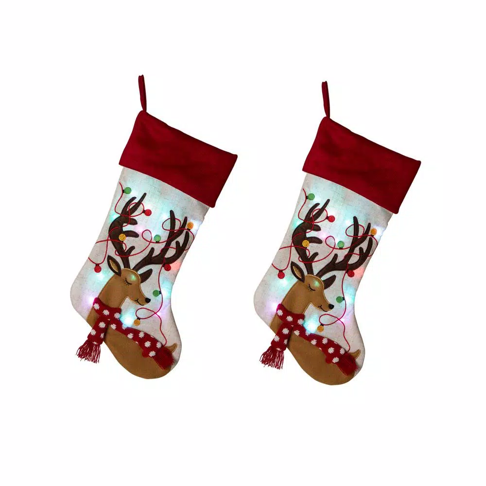 Glitzhome 21 In. H LED Embroidered Polyester Linen Christmas Decoration Stocking (2-Pack) 1 Glitzhome 21 In. H LED Embroidered Polyester Linen Christmas Decoration Stocking (2-Pack)