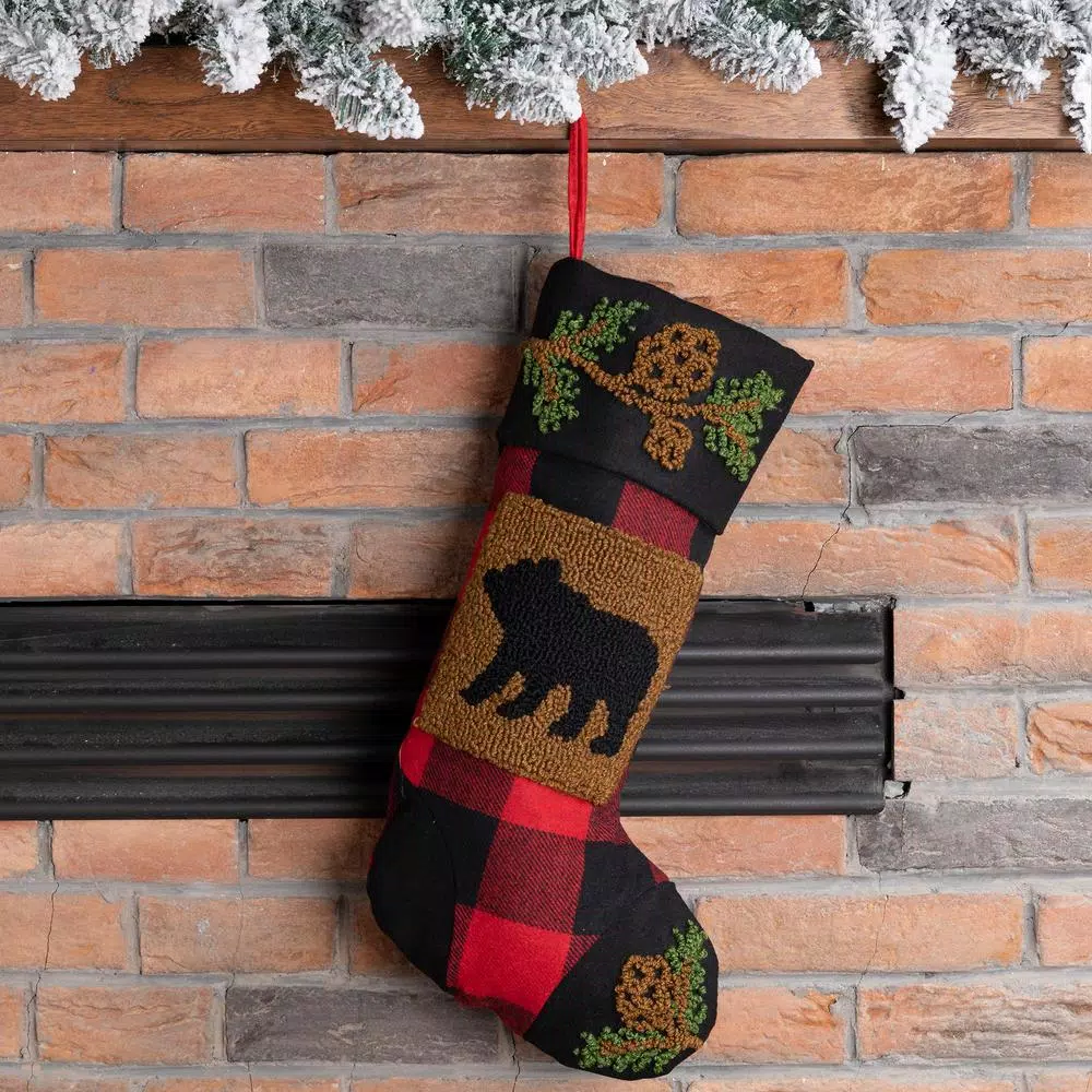 Glitzhome 19 In. Polyester/Acrylic Plaid Christmas Stocking With Rug Hooked Bear 4 Glitzhome 19 In. Polyester/Acrylic Plaid Christmas Stocking With Rug Hooked Bear - Image 4
