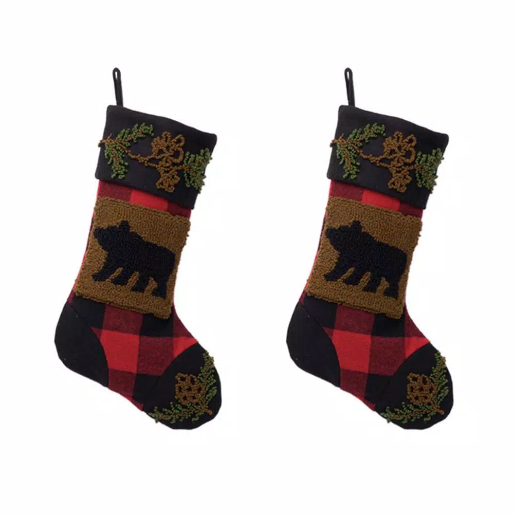 Glitzhome Plaid Stocking With Rug Hooked (Bear) 2-Pack 1 Glitzhome Plaid Stocking With Rug Hooked (Bear) 2-Pack