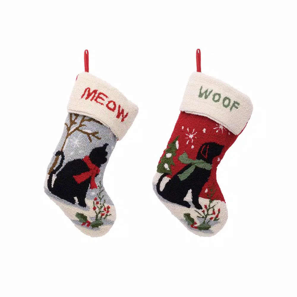 Glitzhome 21 In. Polyester And Acrylic Hooked Cat And Dog Stocking (2-Pack) 1 Glitzhome 21 In. Polyester And Acrylic Hooked Cat And Dog Stocking (2-Pack)