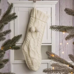 Glitzhome 24 In.H Knitted Polyester Christmas Stocking With Pom Ball-White -Indoor-Christmas-Decorations Sales unnamed file 222