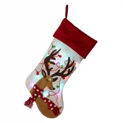 Glitzhome 21 In. L LED Embroidered Linen Christmas Stocking – Reindeer