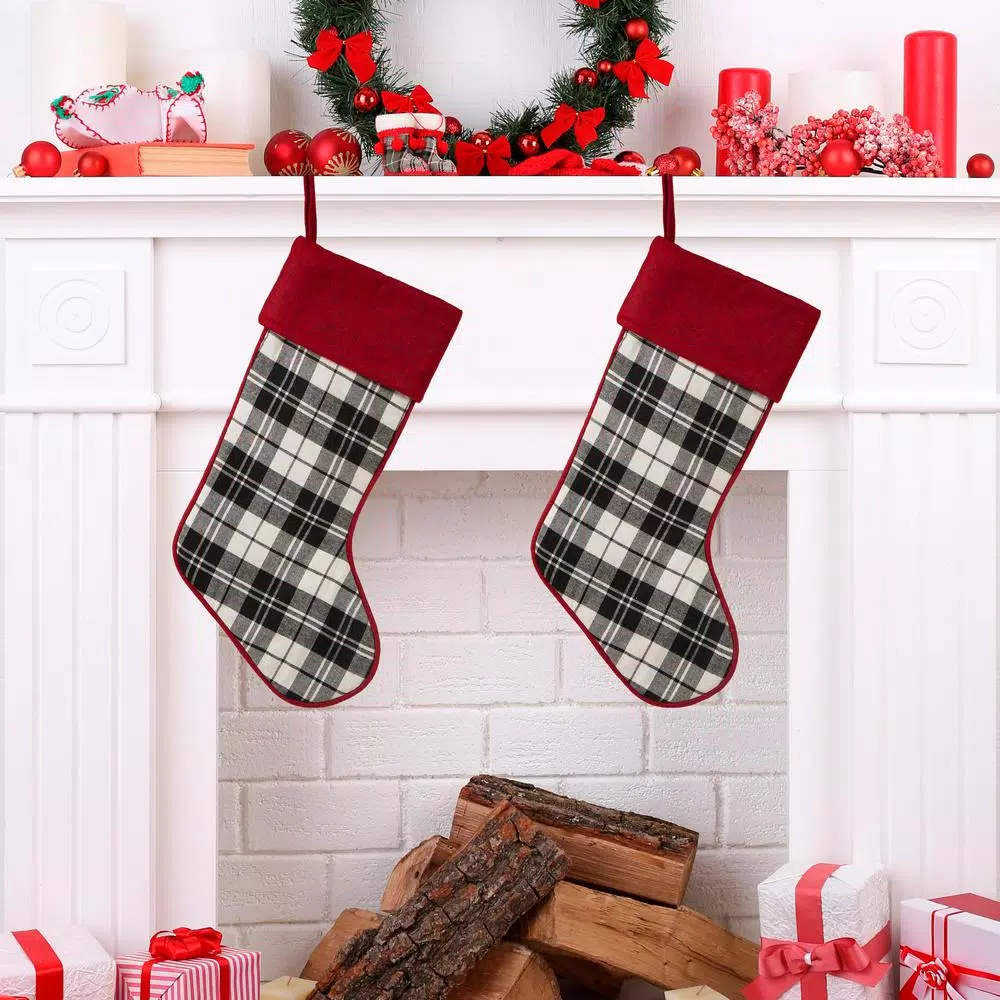 Glitzhome 20 In. Black And White Cotton/Spandex Plaid Fabric Cotton Christmas Stocking Decoration (2-Pack) 7 Glitzhome 20 In. Black And White Cotton/Spandex Plaid Fabric Cotton Christmas Stocking Decoration (2-Pack) - Image 7