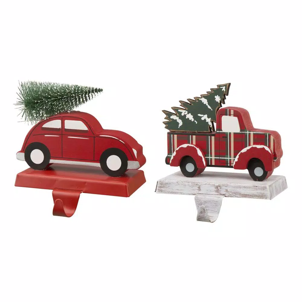 Glitzhome Wooden/Metal Red Car And Truck Stocking Holder (Set Of 2 ) 1 Glitzhome Wooden/Metal Red Car And Truck Stocking Holder (Set Of 2 )