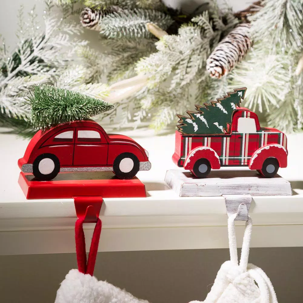 Glitzhome Wooden/Metal Red Car And Truck Stocking Holder (Set Of 2 ) 2 Glitzhome Wooden/Metal Red Car And Truck Stocking Holder (Set Of 2 ) - Image 2