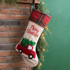 Glitzhome 21 In. L Embroidered Linen Christmas Stocking – Red Truck -Indoor-Christmas-Decorations Sales unnamed file 374