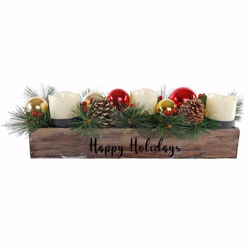 Flora Bunda 23 In. L Wood Happy Holidays Ledge Candle Holder With Pinecones And Berries 1 Flora Bunda 23 In. L Wood Happy Holidays Ledge Candle Holder With Pinecones And Berries