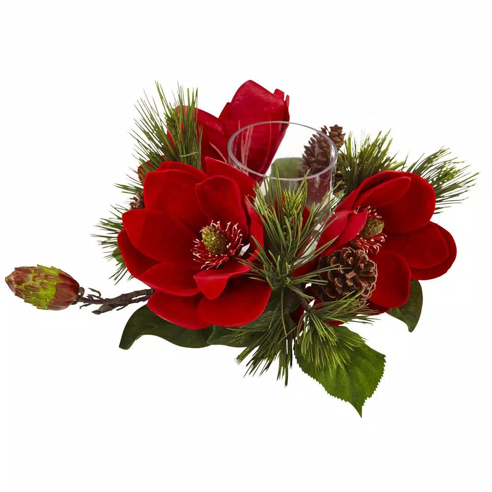 Nearly Natural 7 In. Red Magnolia And Pine Candelabrum 2 Nearly Natural 7 In. Red Magnolia And Pine Candelabrum - Image 2