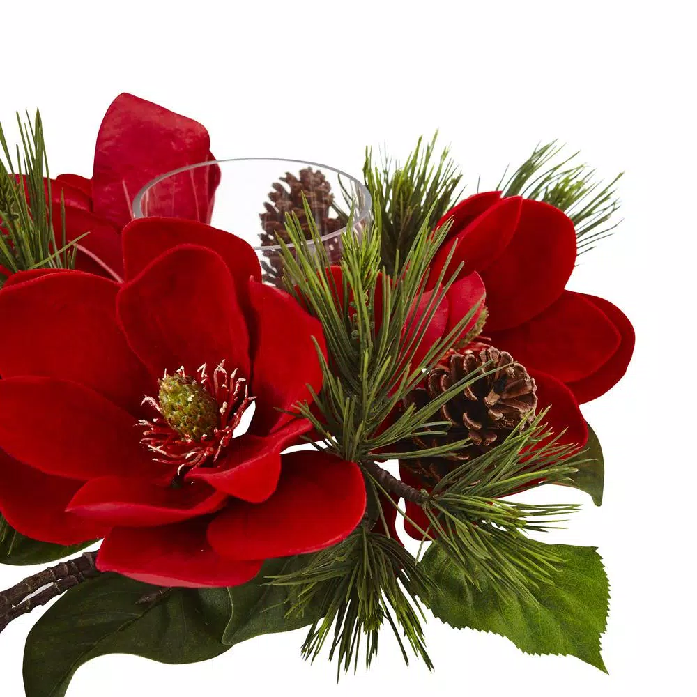 Nearly Natural 7 In. Red Magnolia And Pine Candelabrum 5 Nearly Natural 7 In. Red Magnolia And Pine Candelabrum - Image 5