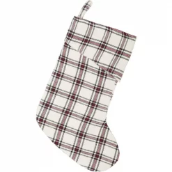 VHC Brands 15 In. 100% Cotton Amory Ivory White Farmhouse Christmas Decor Plaid Stocking