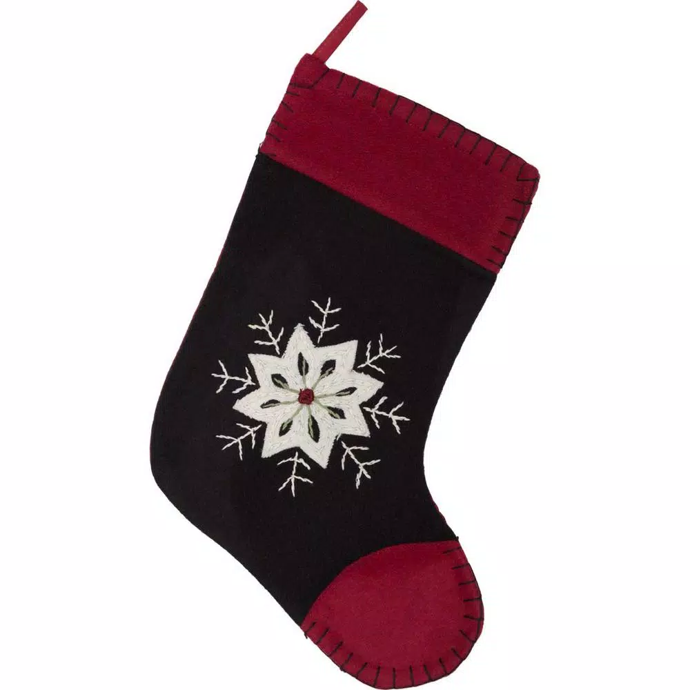 VHC Brands 15 In. Christmas Snowflake Coal Black Traditional Decor Embroidered Felt Stocking 1 VHC Brands 15 In. Christmas Snowflake Coal Black Traditional Decor Embroidered Felt Stocking