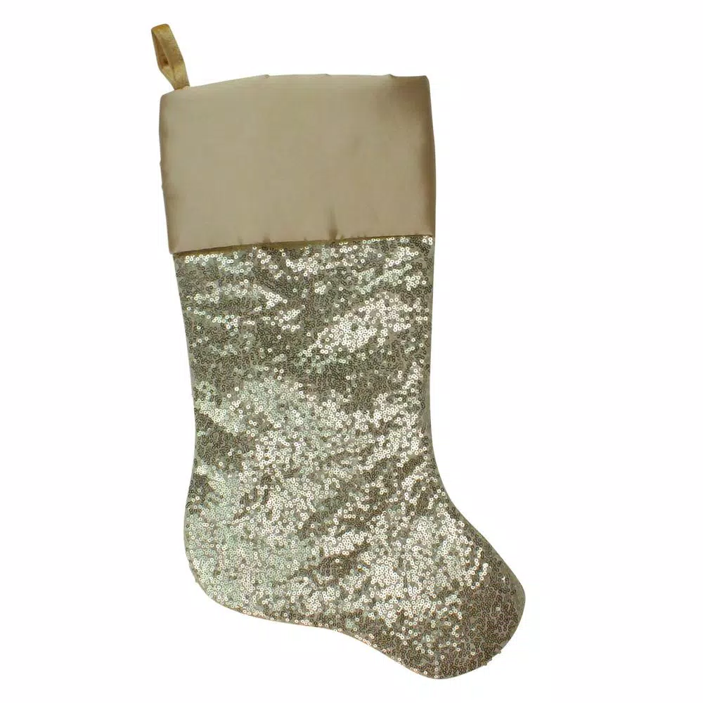 Northlight 22 In. Golden Metallic Sequined Polyester Christmas Stocking With Satin Cuff 1 Northlight 22 In. Golden Metallic Sequined Polyester Christmas Stocking With Satin Cuff