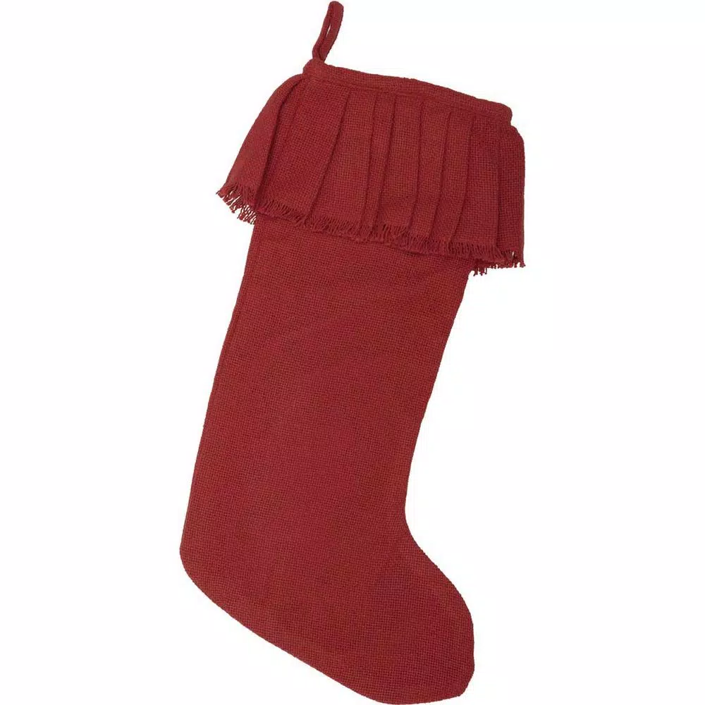 VHC Brands 20 In. Cotton Red Festive Burlap Farmhouse Christmas Decor Ruffled Stocking 1 VHC Brands 20 In. Cotton Red Festive Burlap Farmhouse Christmas Decor Ruffled Stocking