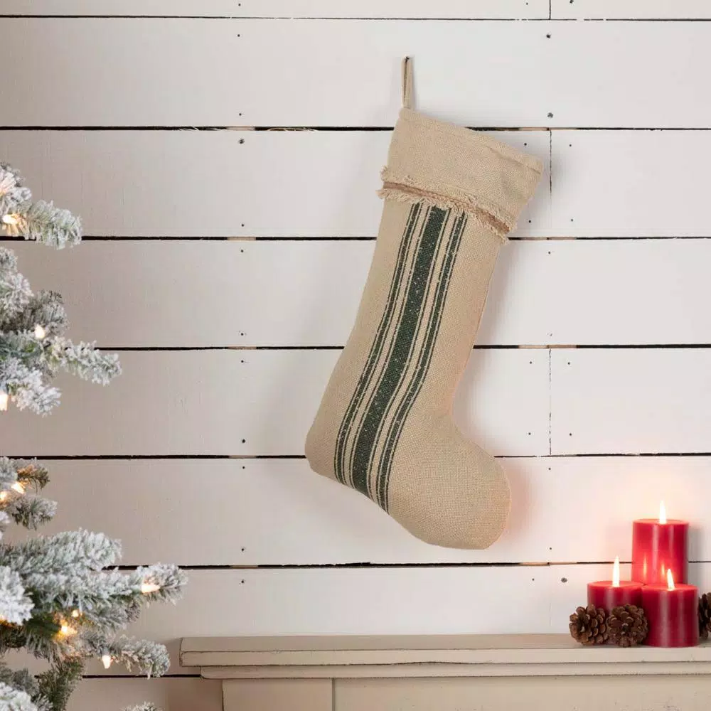 VHC Brands 20 In. Cotton Green Vintage Burlap Stripe Farmhouse Christmas Decor Stocking 3 VHC Brands 20 In. Cotton Green Vintage Burlap Stripe Farmhouse Christmas Decor Stocking - Image 3